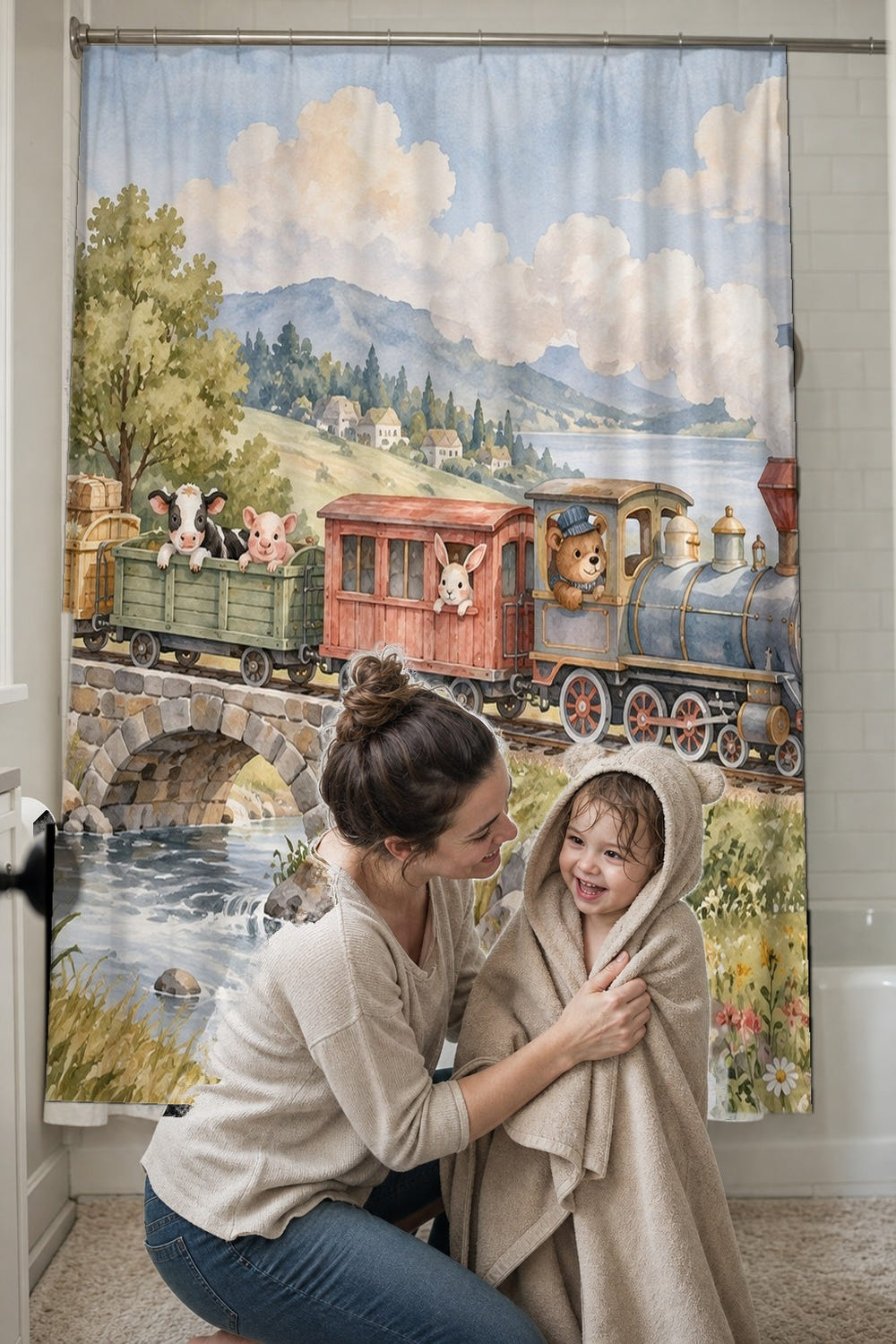 Countryside Train shower curtain, full front view of the 71 x 74 in fabric curtain