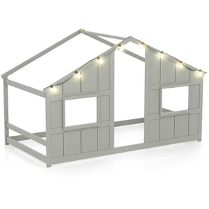 Twin Size House Bed with LED Lights Montessori Slat-free Floor Bed-Grey