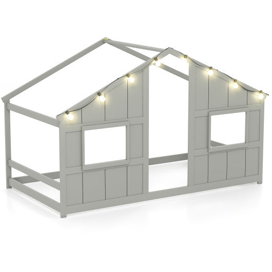 Twin Size House Bed with LED Lights Montessori Slat-free Floor Bed-Grey