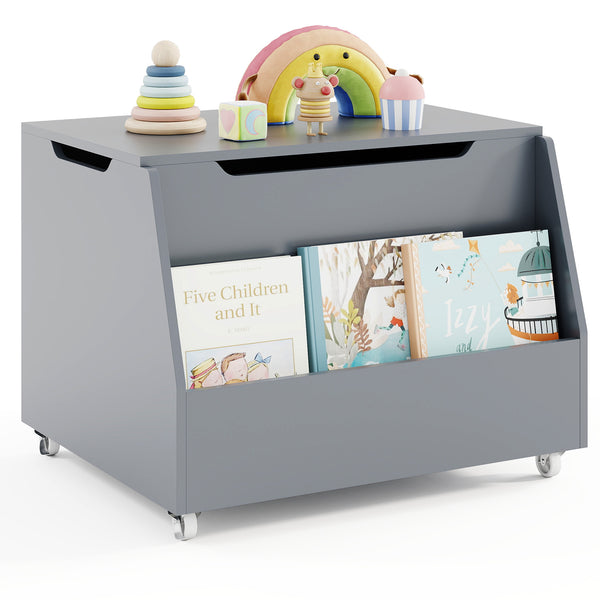 Wooden mobile toy storage organizer with bookshelf and lockable wheels for baby bedding and sleep essentials.