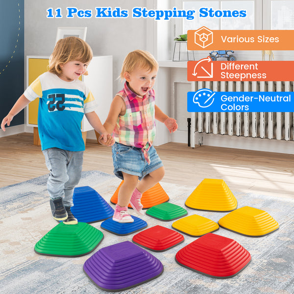 Multicolor 11-piece kids stepping stone set, stackable for indoor and outdoor play, perfect for creative fun.