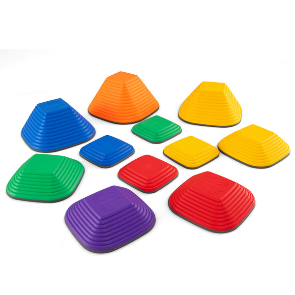 Multicolor 11-piece kids stepping stone set, stackable for indoor and outdoor play, shown from angle 2.