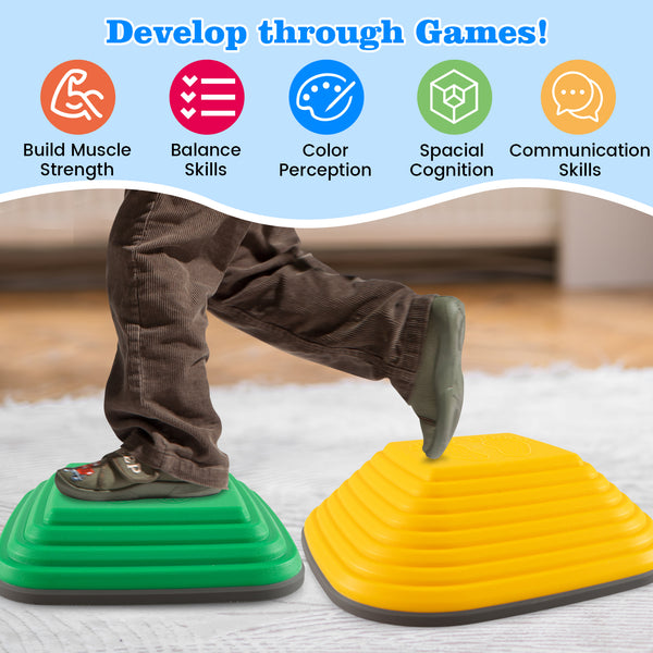Multicolor 11-piece kids stepping stone set, stackable for indoor and outdoor play, shown from angle 4.