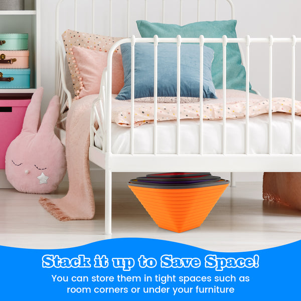 Multicolor 11-piece kids stepping stone set, stackable for indoor and outdoor play, shown at angle 6.