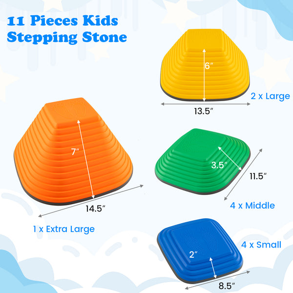 Multicolor 11-piece kids stepping stone set, stackable for indoor and outdoor play, shown from angle 3.
