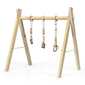 Portable wooden baby gym with teething toys, perfect for newborn exercise and play. Angle 12 view.