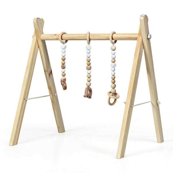 Portable wooden baby gym with teething toys, perfect for newborn exercise and play. Angle 12 view.