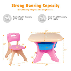 Colorful 3-piece plastic children play table and chair set for indoor and outdoor use, shown from angle 5.