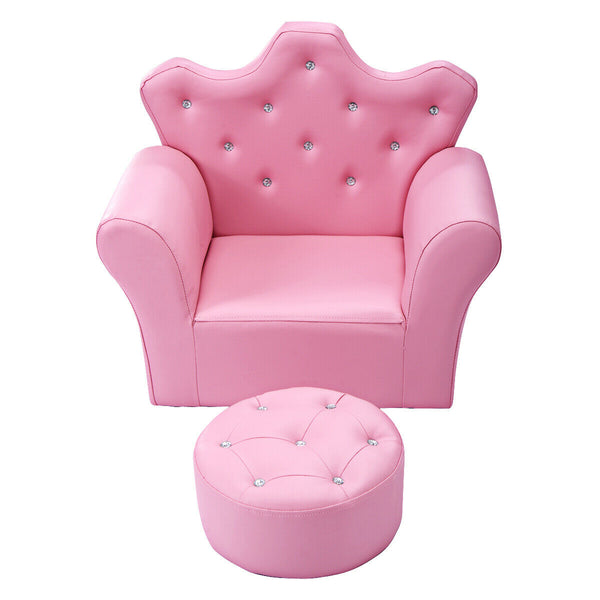 Pink kids sofa with armrests and ottoman, perfect for children's rooms and play areas. Angle 6 view.