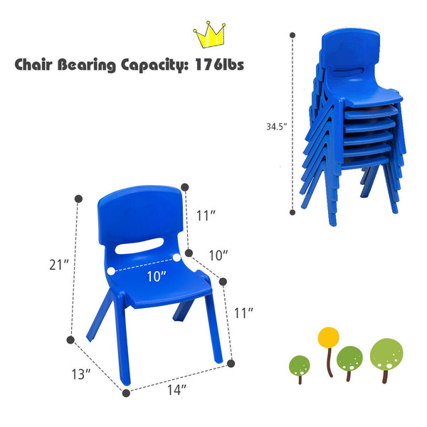 Colorful 6-pack stackable plastic chairs for kids, ideal for classrooms and playrooms, shown from angle 13.