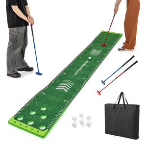 11 FT putting green mat with 2 adjustable putters and 6 balls, perfect for indoor golf practice.