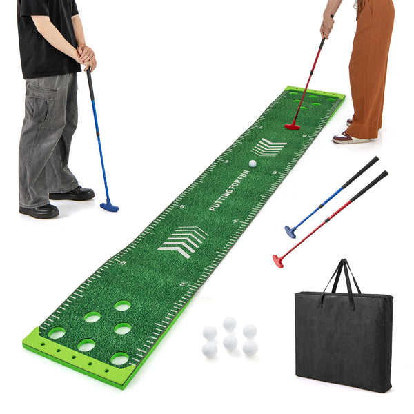 11 FT putting green mat with 2 adjustable putters and 6 balls, perfect for indoor golf practice.