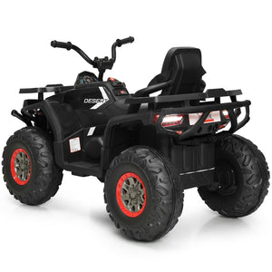 12V kids electric ATV quad with MP3 and LED lights, angled view showcasing vibrant design and features.