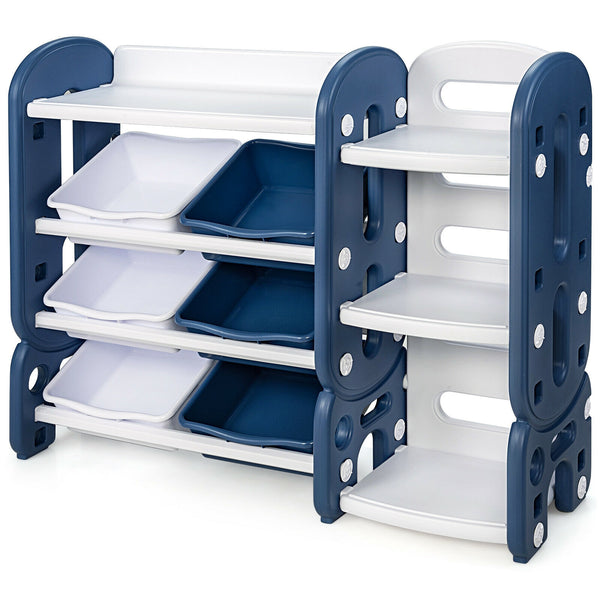 Kids toy storage organizer with bins and multi-layer shelf for bedroom or playroom, angled view.