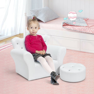 Pink kids sofa with armrests and ottoman, perfect for children's rooms, shown at angle 16.