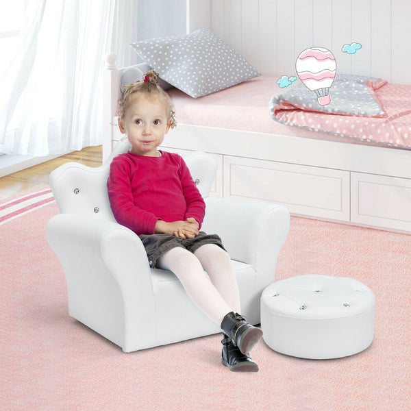 Pink kids sofa with armrests and ottoman, perfect for children's rooms, shown at angle 16.