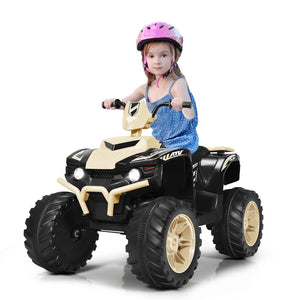 12V kids ride-on ATV with LED lights, treaded tires, and fun design for outdoor adventures.