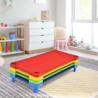 Colorful pack of 4 stackable naptime cots for kids, perfect for bedding and sleep solutions.