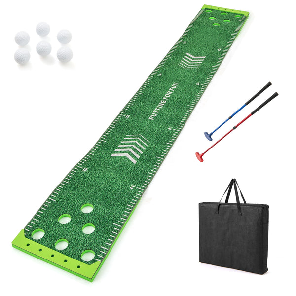 11 FT putting green mat with 2 adjustable putters and 6 balls, perfect for kids and family golf practice.