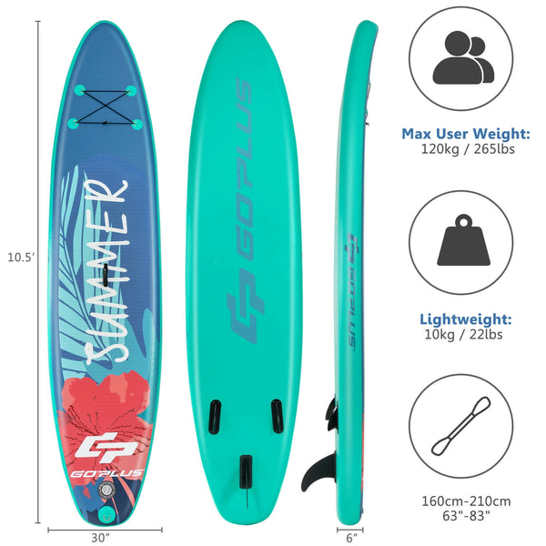 10ft inflatable stand-up paddle board with backpack, leash, and aluminum paddle, shown from angle 3.