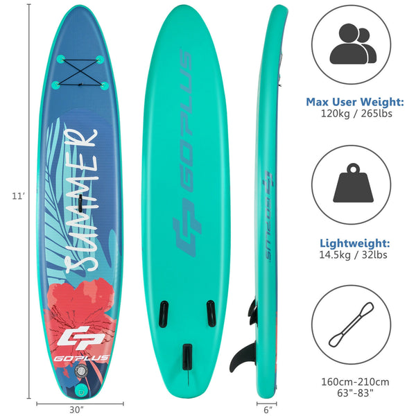 10ft inflatable stand up paddle board with backpack, leash, and aluminum paddle, angled view for surfing adventures.