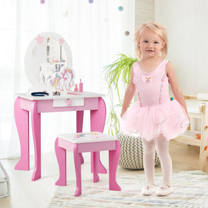 Kids wooden makeup dressing table and chair set with mirror and drawer, perfect for imaginative play.
