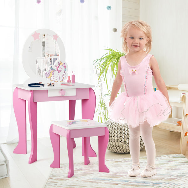 Kids wooden makeup dressing table and chair set with mirror and drawer, perfect for imaginative play.
