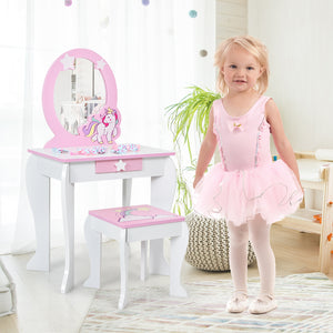 Kids wooden makeup dressing table set with chair, mirror, and drawer, perfect for imaginative play. Angle 14 view.