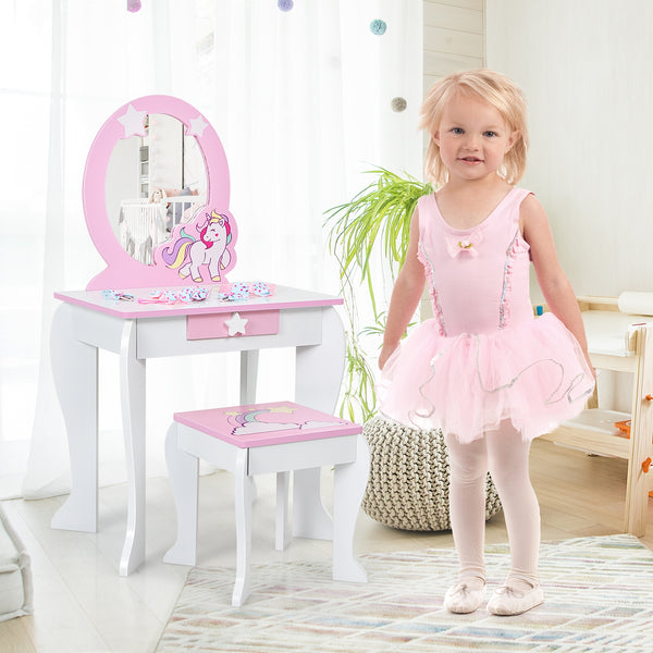 Kids wooden makeup dressing table set with chair, mirror, and drawer, perfect for imaginative play. Angle 14 view.