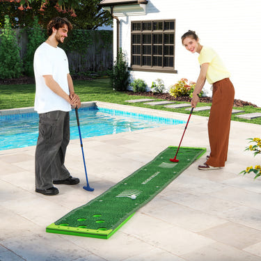 11 FT Putting Green Mat with 2 Adjustable Putters and 6 Balls for kids' golf practice at home.