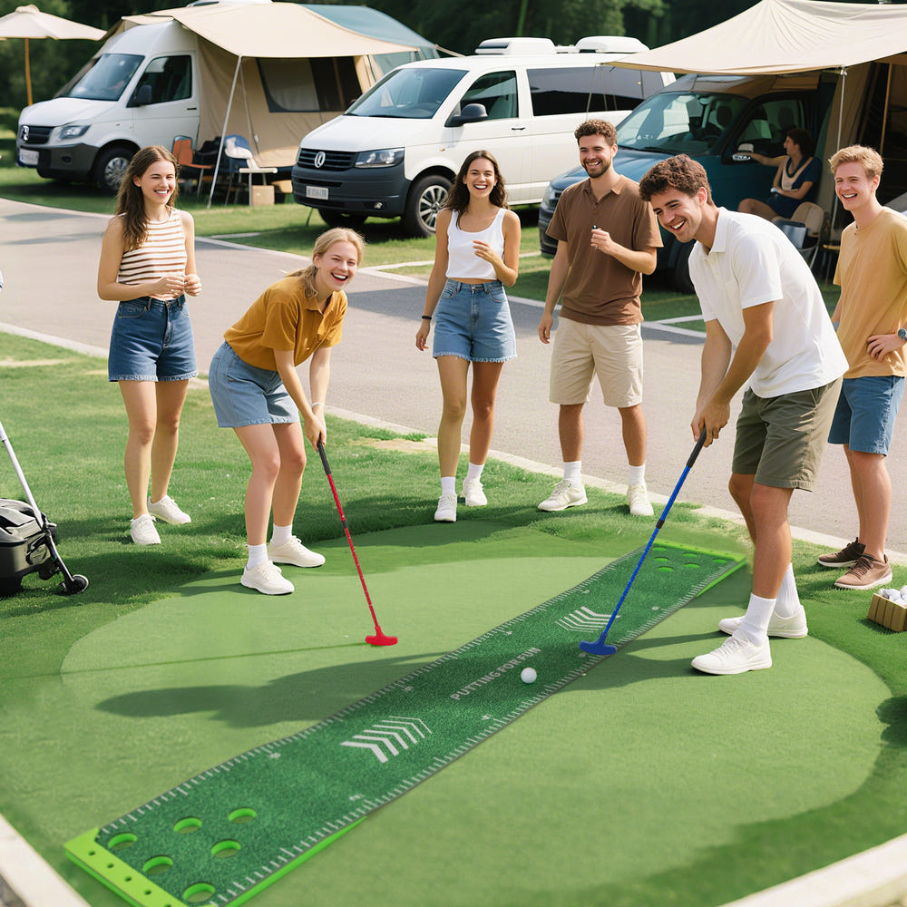 11 FT Putting Green Mat with 2 Adjustable Putters and 6 Balls for kids' golf practice at home.