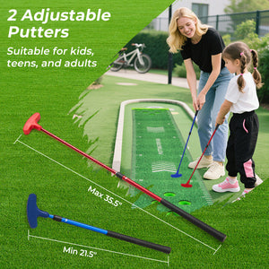 11 FT putting green mat with 2 adjustable putters and 6 balls, perfect for kids' golf practice. Angle 6 view.