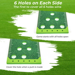"11 FT putting green mat with adjustable putters and balls, perfect for kids and family golf practice."
