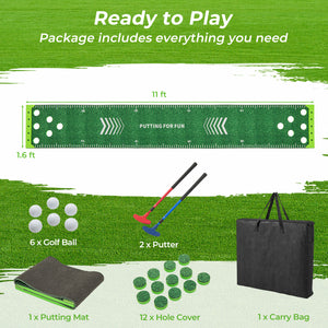 11 FT putting green mat with adjustable putters and balls, perfect for kids' golf practice at home.