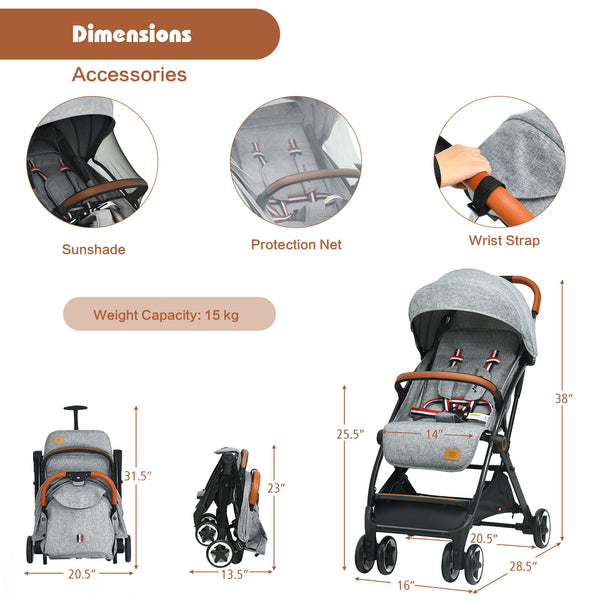 Lightweight aluminium frame baby stroller with net, angled view showcasing design and features.