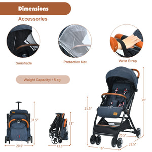 Lightweight aluminium frame baby stroller with net, angled view, perfect for travel and outdoor use.