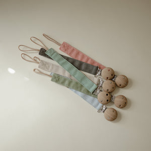 Mushie Linen Pacifier Clip 2-Pack linen clips faux wood clasp