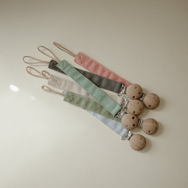 Mushie Linen Pacifier Clip 2-Pack linen clips faux wood clasp