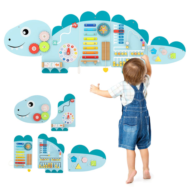 11-in-1 dinosaur activity wall busy board for toddlers, promoting education and early development through play.