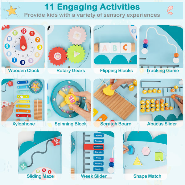 11-in-1 Dinosaur Activity Wall Busy Board for toddlers, promoting education and early development through interactive play.