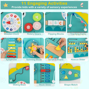 11-in-1 Dinosaur Activity Wall Busy Board for toddlers, promoting education and early development through interactive play.