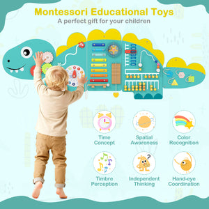 11-in-1 Dinosaur Activity Wall Busy Board for toddlers, enhancing education and early development through play.