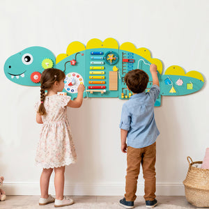 11-in-1 Dinosaur Activity Wall Busy Board for toddlers, promoting education and early development through interactive play.