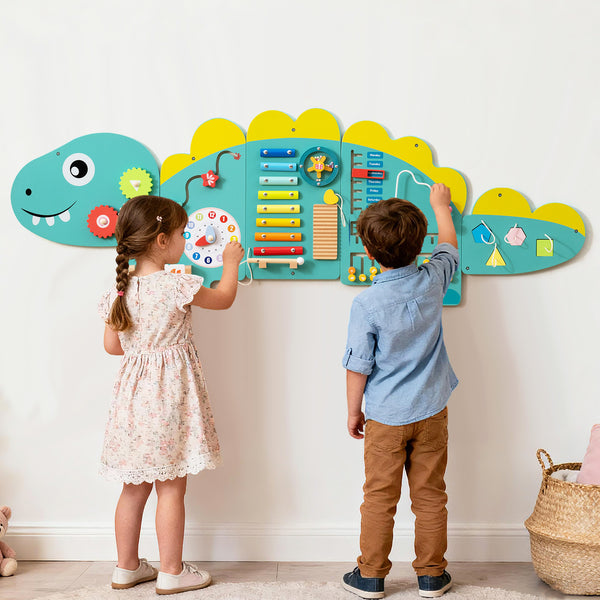 11-in-1 Dinosaur Activity Wall Busy Board for toddlers, promoting education and early development through interactive play.