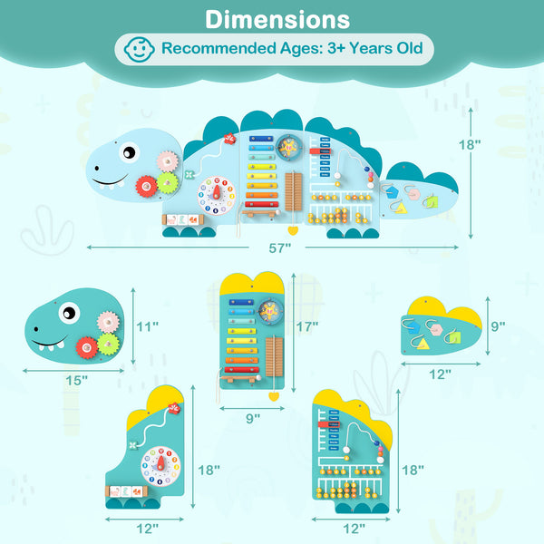 11-in-1 Dinosaur Activity Wall Busy Board for toddlers, promoting education and early development through interactive play.