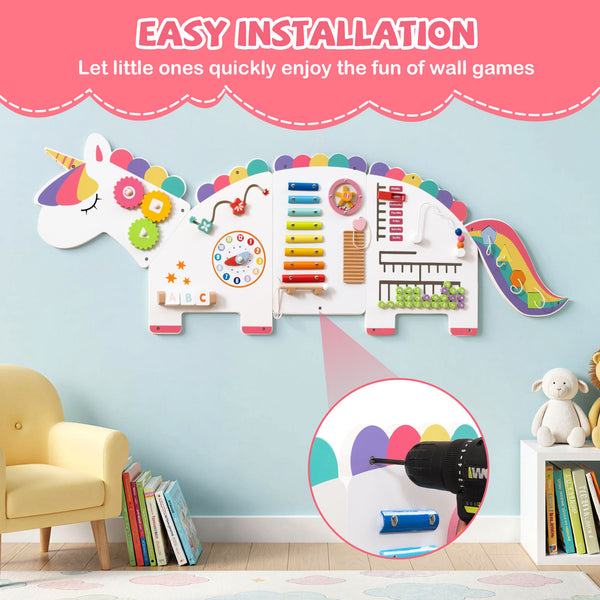 Colorful 11-in-1 dinosaur busy board for toddlers, promoting education and early development through interactive play.