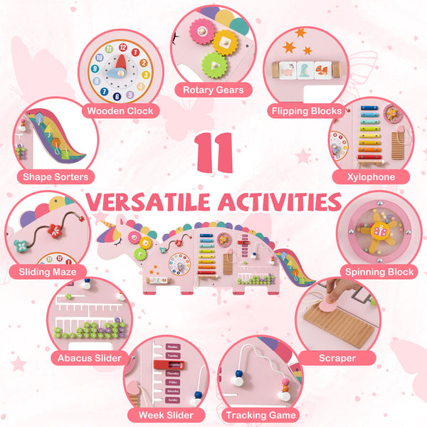 11-in-1 dinosaur activity wall busy board for toddlers, promoting education and early development through play.