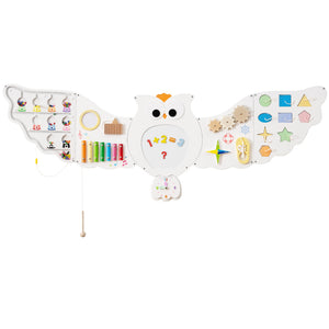 11-in-1 Toddler Owl Activity Wall Busy Board for 3+ years, featuring engaging panels for learning and play.
