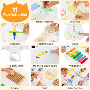 11-in-1 Toddler Owl Activity Wall Busy Board for 3+ years, featuring engaging learning panels and fun activities.