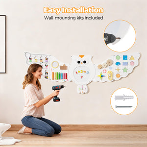 11-in-1 Toddler Owl Activity Wall Busy Board for kids 3+ years, promoting learning and play through engaging panels.